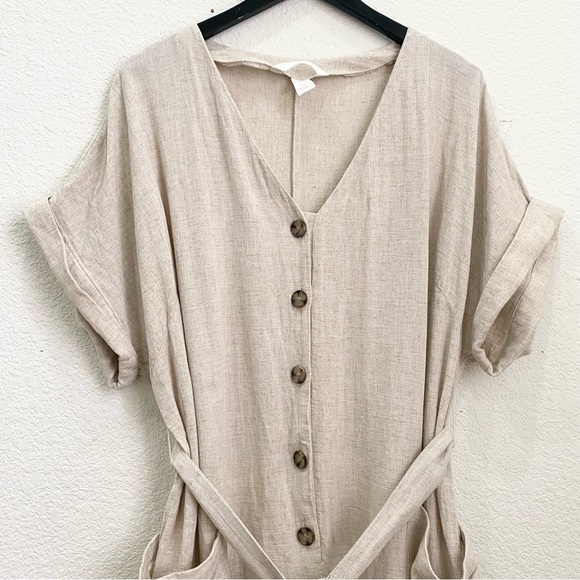 H&M Beige Linen Blend V Neck Button Front Jumpsuit Romper Size XL - Picture 8 of 16